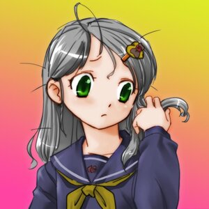 Rating: Safe Score: 0 Tags: 1girl :< green_eyes grey_hair hair_ornament hairclip image kanaria long_hair long_sleeves looking_at_viewer school_uniform serafuku simple_background solo upper_body yellow_neckwear User: admin