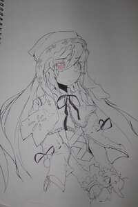Rating: Safe Score: 0 Tags: 1girl closed_mouth dress frills grey_background heterochromia image long_hair long_sleeves looking_at_viewer monochrome neck_ribbon red_eyes ribbon simple_background solo spot_color suiseiseki very_long_hair wide_sleeves User: admin