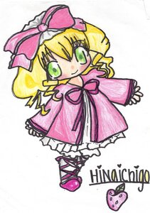 Rating: Safe Score: 0 Tags: 1girl blonde_hair blush bow character_name chibi dress frills full_body green_eyes hina_ichigo hinaichigo image long_sleeves looking_at_viewer pink_bow pink_dress pink_footwear short_hair smile solo standing traditional_media white_background User: admin