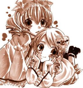 Rating: Safe Score: 0 Tags: 2girls bow dress drill_hair frills hair_bow hands_on_own_cheeks hina_ichigo hinaichigo image kanaria long_sleeves looking_at_viewer monochrome multiple_girls pair smile twin_drills User: admin