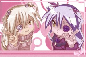 Rating: Safe Score: 0 Tags: 2girls barasuishou eyepatch hair_ornament image index_finger_raised kirakishou long_hair looking_at_viewer multiple_girls pair pointing ribbon sisters smile twintails v yellow_eyes User: admin