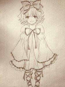 Rating: Safe Score: 0 Tags: 1girl blush bow dress hair_bow hinaichigo image kagiyama_hina looking_at_viewer monochrome ribbon short_hair smile solo traditional_media User: admin