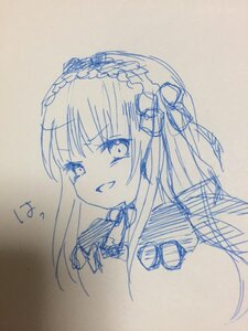 Rating: Safe Score: 0 Tags: 1girl blush eyebrows_visible_through_hair hairband image long_hair looking_at_viewer monochrome photo simple_background sketch smile solo suigintou traditional_media upper_body virtual_youtuber User: admin