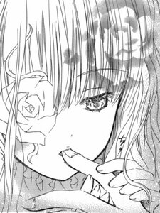 Rating: Safe Score: 0 Tags: 1girl auto_tagged bangs close-up eating eyebrows_visible_through_hair frills greyscale image kirakishou looking_at_viewer monochrome solo User: admin
