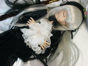 Rating: Safe Score: 0 Tags: 1girl black_ribbon closed_eyes doll dress flower frills gothic_lolita hairband lolita_fashion long_hair long_sleeves ribbon rose silver_hair solo suigintou very_long_hair User: admin