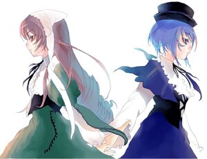 Rating: Safe Score: 0 Tags: 2girls androgynous apron bad_id bad_pixiv_id black_ribbon blue_dress blue_eyes blue_hair brown_eyes brown_hair curly_hair dress error frills hat headdress holding_hands image long_hair long_sleeves multiple_girls pair profile reverse_trap ribbon rozen_maiden short_hair siblings simple_background souseiseki suiseiseki tomono_rui top_hat twins very_long_hair User: admin