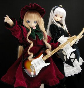 Rating: Safe Score: 0 Tags: 2girls acoustic_guitar bass_guitar blonde_hair blue_eyes bonnet doll dress electric_guitar flower guitar hat instrument keyboard_(instrument) long_hair looking_at_viewer multiple_dolls multiple_girls pink_rose playing_instrument plectrum rose shinku silver_hair suigintou tagme violin User: admin