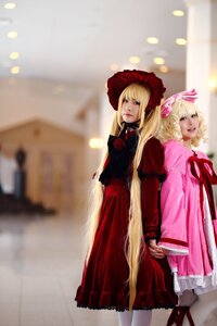 Rating: Safe Score: 0 Tags: 2girls blonde_hair blue_eyes blurry blurry_background bonnet building depth_of_field dress flower lips long_hair long_sleeves looking_at_viewer multiple_cosplay multiple_girls photo red_dress ribbon rose standing tagme User: admin
