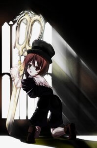 Rating: Safe Score: 0 Tags: 1girl back brown_hair full_body green_eyes hat image kneeling long_sleeves looking_at_viewer looking_back shoes short_hair solo souseiseki white_legwear User: admin
