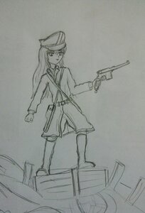 Rating: Safe Score: 0 Tags: 1girl gun handgun hat image long_hair long_sleeves monochrome sketch solo suigintou traditional_media weapon User: admin