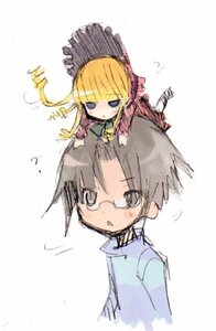 Rating: Safe Score: 0 Tags: 1boy 1girl blonde_hair blue_eyes blush bonnet chibi dress drill_hair flower glasses image jacket long_sleeves shinku simple_background solo white_background User: admin