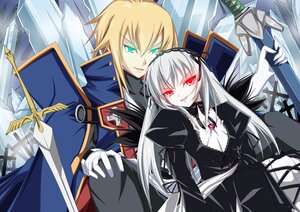 Rating: Safe Score: 0 Tags: 1boy 1girl black_wings blonde_hair dress gloves green_eyes hairband image long_hair long_sleeves red_eyes silver_hair smile solo suigintou sword weapon wings User: admin