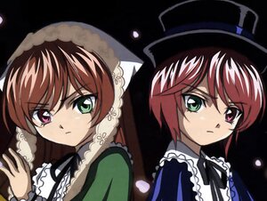 Rating: Safe Score: 0 Tags: 2girls brown_hair dress frills frown green_eyes hat heterochromia image long_hair long_sleeves looking_at_viewer multiple_girls pair red_eyes ribbon siblings simple_background sisters souseiseki suiseiseki top_hat twins User: admin
