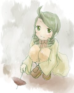 Rating: Safe Score: 0 Tags: 1girl ahoge blush bow bowtie coat full_body green_eyes green_hair holding image kanaria long_sleeves looking_at_viewer outdoors rain smile solo squatting User: admin