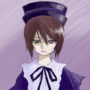 Rating: Safe Score: 0 Tags: 1girl brown_hair closed_mouth frills green_eyes hat heterochromia image looking_at_viewer purple_background ribbon short_hair simple_background solo souseiseki upper_body User: admin