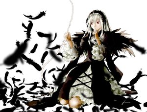 Rating: Safe Score: 0 Tags: 1girl bird black_wings dress feathers flower frilled_sleeves frills hairband image long_hair long_sleeves looking_at_viewer red_eyes ribbon rose silver_hair solo suigintou white_background wings User: admin