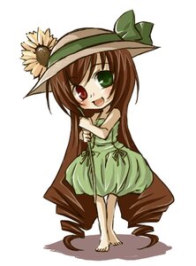 Rating: Safe Score: 0 Tags: 1girl :d barefoot blush brown_hair dress drill_hair flower full_body green_dress green_eyes hat heterochromia image long_hair open_mouth red_eyes smile solo standing suiseiseki sundress sunflower very_long_hair white_background User: admin