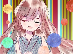 Rating: Safe Score: 0 Tags: 1girl blush closed_eyes eyebrows_visible_through_hair flower image japanese_clothes kimono long_hair open_mouth smile solo striped striped_background suiseiseki sunburst upper_body vertical_stripes yagasuri User: admin