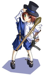 Rating: Safe Score: 0 Tags: 1girl brown_hair full_body green_eyes gun hat heterochromia image long_sleeves red_eyes shorts solo souseiseki top_hat weapon User: admin