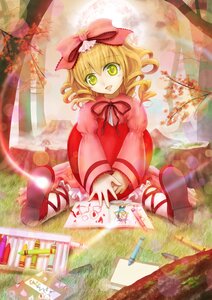 Rating: Safe Score: 0 Tags: 1girl blonde_hair bow dress food grass green_eyes hair_bow hina_ichigo hinaichigo image picnic pink_bow ribbon shoes short_hair sitting smile solo tree User: admin
