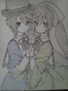 Rating: Safe Score: 0 Tags: 2girls dress frills green_eyes hat heterochromia holding_hands image interlocked_fingers long_sleeves looking_at_viewer multiple_girls pair red_eyes ribbon short_hair siblings sisters souseiseki suiseiseki symmetry twins User: admin