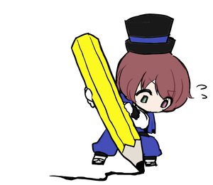 Rating: Safe Score: 0 Tags: 1girl brown_hair chibi green_eyes hat heterochromia image long_sleeves pants short_hair solo souseiseki top_hat white_background User: admin