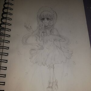 Rating: Safe Score: 0 Tags: 1girl dress frills full_body greyscale image long_hair long_sleeves looking_at_viewer maid_headdress monochrome photo shinku smile solo standing traditional_media User: admin
