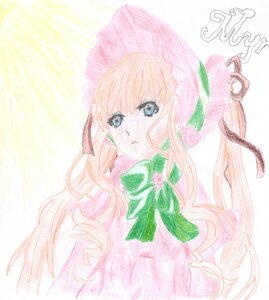 Rating: Safe Score: 0 Tags: 1girl blonde_hair blue_eyes bonnet bow bowtie dress flower green_bow green_neckwear green_ribbon image long_hair pink_flower ribbon rose shinku solo striped striped_background upper_body User: admin