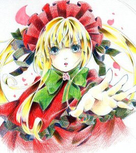 Rating: Safe Score: 0 Tags: 1girl blonde_hair blue_eyes bonnet bow bowtie dress flower image long_hair long_sleeves looking_at_viewer marker_(medium) millipen_(medium) open_mouth petals rose rose_petals shinku sidelocks solo traditional_media twintails upper_body watercolor_(medium) User: admin