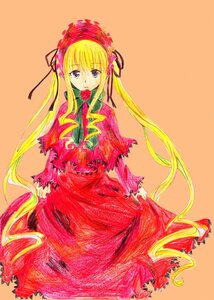 Rating: Safe Score: 0 Tags: 1girl blonde_hair blue_eyes capelet dress flower hair_ribbon image long_hair long_sleeves looking_at_viewer mouth_hold pink_rose red_dress rose shinku simple_background solo torn_clothes traditional_media twintails very_long_hair User: admin