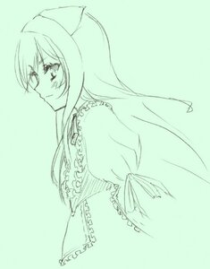 Rating: Safe Score: 0 Tags: 1girl animal_ears aqua_theme blush closed_mouth eyebrows_visible_through_hair frills from_side green_background green_theme image long_hair long_sleeves monochrome profile simple_background smile solo suiseiseki upper_body User: admin