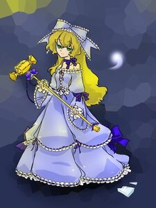 Rating: Safe Score: 0 Tags: 1girl argyle_background bare_shoulders blonde_hair bow checkered choker dress enju_maiden frills green_eyes kiichigo long_hair solo User: admin