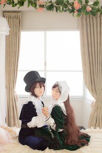 Rating: Safe Score: 0 Tags: 2girls 91076 brown_hair curtains dress flower hat indoors long_hair long_sleeves looking_at_viewer multiple_cosplay multiple_girls plant sitting suiseiseki tagme window User: admin