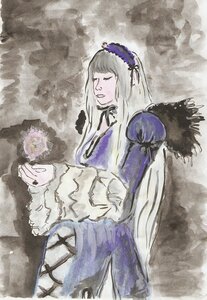 Rating: Safe Score: 0 Tags: 1girl closed_eyes dress flower hairband image long_hair long_sleeves puffy_sleeves purple_dress ribbon silver_hair solo suigintou User: admin