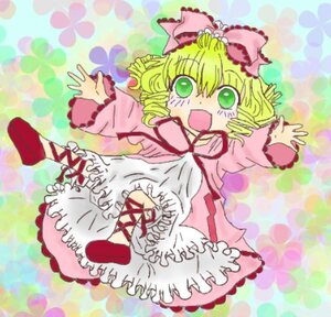Rating: Safe Score: 0 Tags: 1girl blonde_hair bloomers bow dress drill_hair frills full_body green_eyes hina_ichigo hinaichigo image long_sleeves looking_at_viewer open_mouth pink_bow ribbon short_hair smile solo User: admin