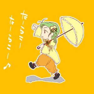 Rating: Safe Score: 0 Tags: 1girl drill_hair frills green_hair hair_ornament holding_umbrella image kanaria musical_note orange_background pants parasol simple_background solo umbrella yellow_background User: admin