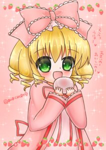 Rating: Safe Score: 0 Tags: 1girl apple blonde_hair blush bow drill_hair food food_print fruit green_eyes hair_bow hina_ichigo hinaichigo image looking_at_viewer object_namesake open_mouth pink_background pink_bow pink_dress smile solo sparkle sparkle_background sparkling_eyes strawberry strawberry_print twin_drills twitter_username wide_sleeves User: admin