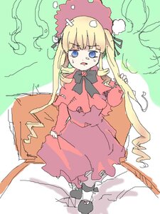 Rating: Safe Score: 0 Tags: 1girl bangs black_footwear blonde_hair blue_eyes bow capelet dress image long_hair long_sleeves looking_at_viewer shinku smoke solo User: admin