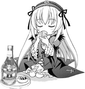 Rating: Safe Score: 0 Tags: 1girl closed_eyes dress eating food frills greyscale hairband image lolita_hairband long_hair long_sleeves monochrome ribbon seiza sitting solo suigintou white_background User: admin