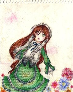 Rating: Safe Score: 0 Tags: 1girl dress flower green_eyes heterochromia image long_hair long_sleeves monster_girl open_mouth red_eyes solo suiseiseki traditional_media very_long_hair watercolor_(medium) User: admin