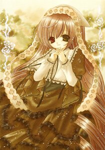 Rating: Safe Score: 0 Tags: 1girl brown_hair dress frills image long_hair long_sleeves looking_at_viewer own_hands_together solo suiseiseki very_long_hair User: admin