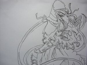 Rating: Safe Score: 0 Tags: 1girl bow dress greyscale hat image long_hair long_sleeves monochrome shinku solo traditional_media yakumo_yukari User: admin