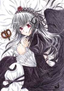 Rating: Safe Score: 0 Tags: 1girl black_dress black_wings dress flower frills image long_hair long_sleeves looking_at_viewer lying red_eyes rose solo suigintou traditional_media very_long_hair wings User: admin