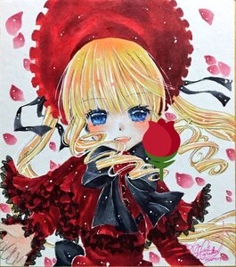 Rating: Safe Score: 0 Tags: 1girl apple artist_name bangs black_ribbon blonde_hair blue_eyes blush bow capelet drill_hair eyebrows_visible_through_hair food frills fruit hair_ribbon image long_hair long_sleeves looking_at_viewer marker_(medium) millipen_(medium) open_mouth petals red_capelet rose_petals sample shikishi shinku smile solo traditional_media twin_drills watercolor_(medium) User: admin