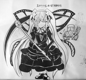 Rating: Safe Score: 0 Tags: 1girl cross dress greyscale hair_ornament hata_no_kokoro image kirakishou long_hair looking_at_viewer monochrome ribbon shikishi solo star_(symbol) traditional_media wings User: admin