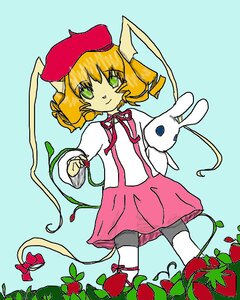 Rating: Safe Score: 0 Tags: 1girl :3 aqua_background blonde_hair dress fruit green_eyes hat hinaichigo image leaf long_sleeves looking_at_viewer plant ribbon short_hair smile solo vines User: admin