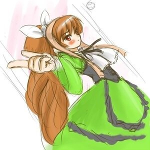 Rating: Safe Score: 0 Tags: 1girl auto_tagged blush brown_eyes brown_hair dress green_dress hairband image long_hair long_sleeves looking_at_viewer ponytail ribbon shirt sketch solo suiseiseki very_long_hair User: admin
