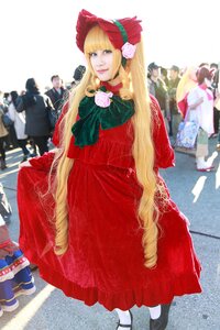 Rating: Safe Score: 0 Tags: blonde_hair blue_eyes blurry bonnet bow dress flower long_hair mary_janes multiple_boys multiple_girls photo red_dress shinku shoes solo white_legwear User: admin