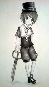 Rating: Safe Score: 0 Tags: 1girl bangs blush full_body hat holding image long_sleeves monochrome pantyhose shoes short_hair shorts solo souseiseki standing top_hat User: admin