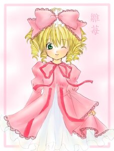 Rating: Safe Score: 0 Tags: 1girl blonde_hair blush bow cowboy_shot dress frills green_eyes hina_ichigo hinaichigo image long_sleeves looking_at_viewer one_eye_closed pink_background pink_bow pink_dress short_hair simple_background smile solo standing User: admin